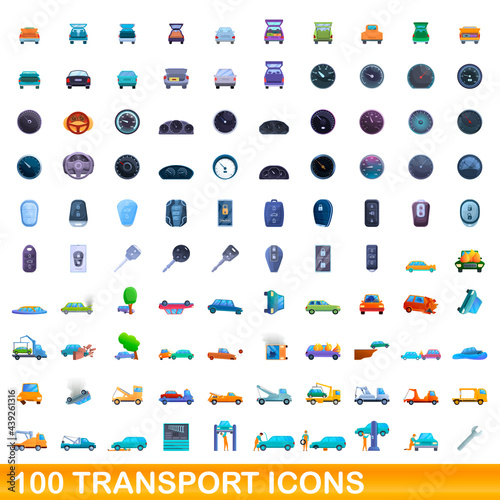 100 transport icons set. Cartoon illustration of 100 transport icons vector set isolated on white background