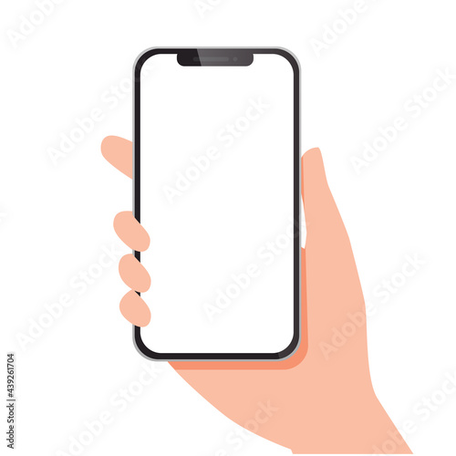 リアルな3dのスマートフォンの空白画面を持つ手のベクターイラスト(フラットスタイル、テンプレート、スマホ、携帯電話)