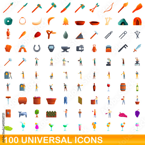 100 universal icons set. Cartoon illustration of 100 universal icons vector set isolated on white background