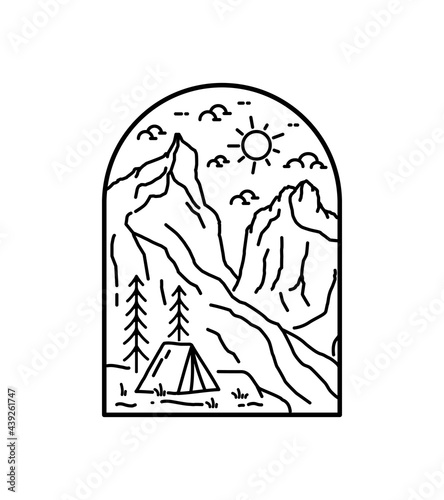 Camping in Torres del paine national park patagonia in chile with mono line art, patch badge design, emblem design, T-Shirt Design