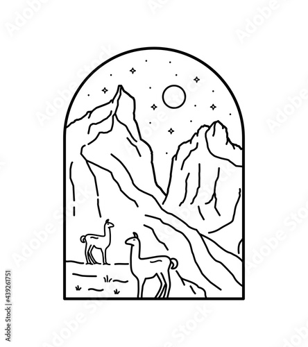 Torres del paine national park patagonia in chile with mono line art, patch badge design, emblem design, T-Shirt Design