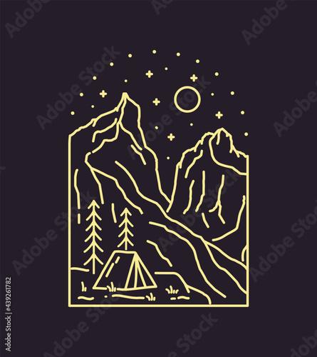 Camping in Torres del paine national park patagonia in chile with mono line art, patch badge design, emblem design, T-Shirt Design