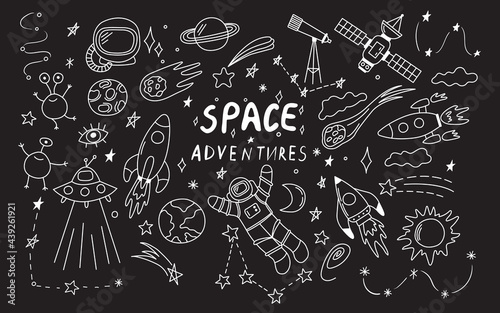 Doodle space illustration in childish style. Set of cosmos vector elements such as rocket, astronaut, stars, asteroids, ufo. Sketch icons of various astronomy objects. Design clipart on black