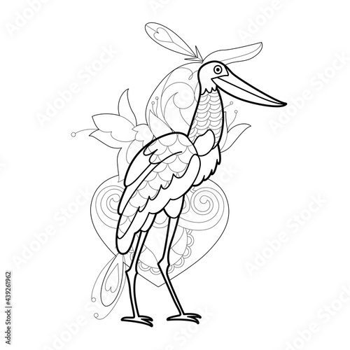 Contour linear illustration with bird for coloring book. Cute jabiru  anti stress picture. Line art design for adult or kids  in zentangle style and coloring page.