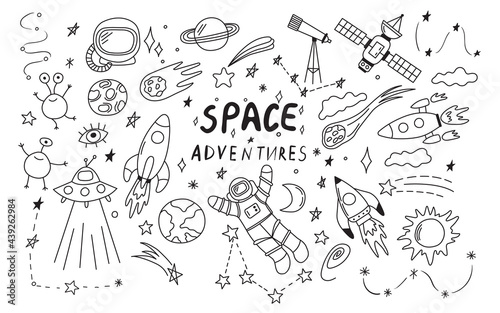 Doodle space illustration in childish style. Set of cosmos vector elements such as rocket  astronaut  stars  asteroids  ufo. Sketch icons of various astronomy objects. Design clipart. Black line print