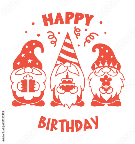 Birthday card with gnomes and quote: Happy Birthday. Cute gnome silhouette. Festive funny sign design. Vector illustration.