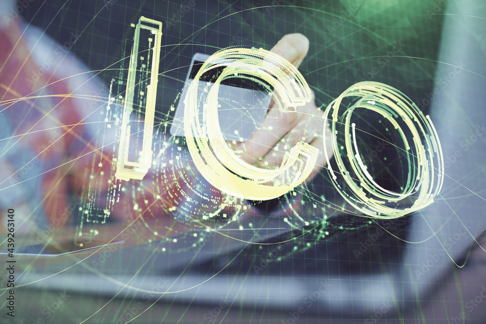 Double exposure of man hands holding a credit card and crypto business theme drawing. Digital blockchain and E-commerce concept. Double exposure of man hands holding a credit card and crypto business theme drawing. Digital blockchain and E-commerce concept.