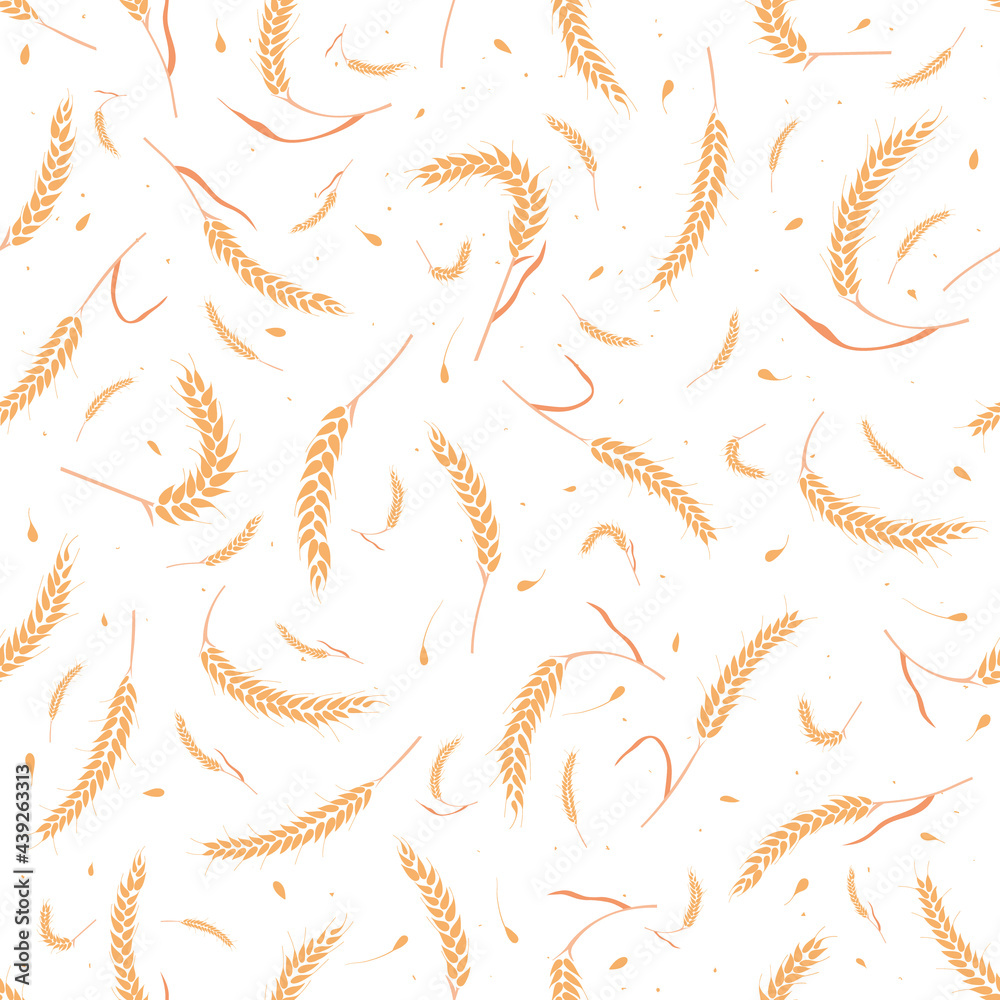 Fototapeta premium Seamless pattern with whole grain seeds organic, natural ears isolated on white background flat style design vector illustration. Wheat, barley or rye ears with straw chaotic version.