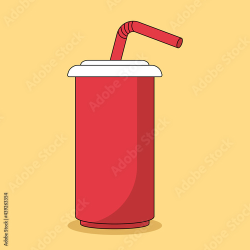 Cute cartoon soda in red paper cup with cocktail tube isolated on yellow background. Illustration in a flat style. Vector illustration