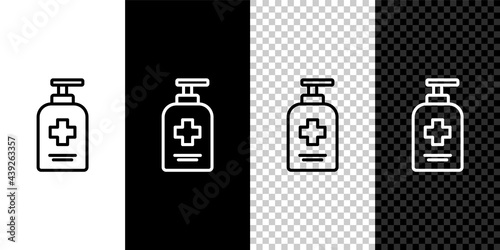 Set line Bottle of liquid antibacterial soap with dispenser icon isolated on black and white background. Antiseptic. Disinfection, hygiene, skin care. Vector.