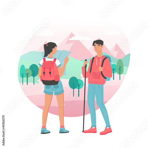 Traveling couple. Young man and woman hiking. Vector characters design