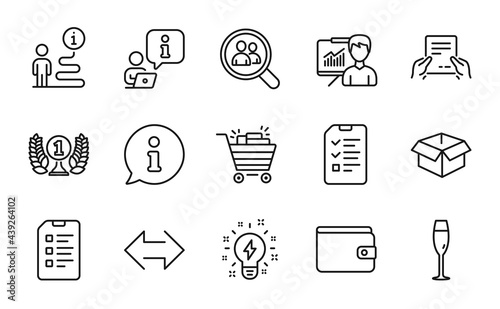 Line icons set. Included icon as Checklist, Presentation, Champagne glass signs. Interview, Opened box, Sync symbols. Search employees, Laureate award, Shopping cart. Receive file. Vector