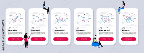 Vector Set of Education icons related to Approved document, Guitar and Accounting icons. UI phone app screens with teamwork. Graph chart, Breathing exercise and Creativity line symbols. Vector