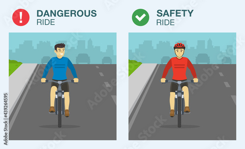 Dangerous and safety bicycle ride on road. Safety driving rule. Wear your helmet to protect your head. Front view of cycling bike riders. Flat vector illustration template.