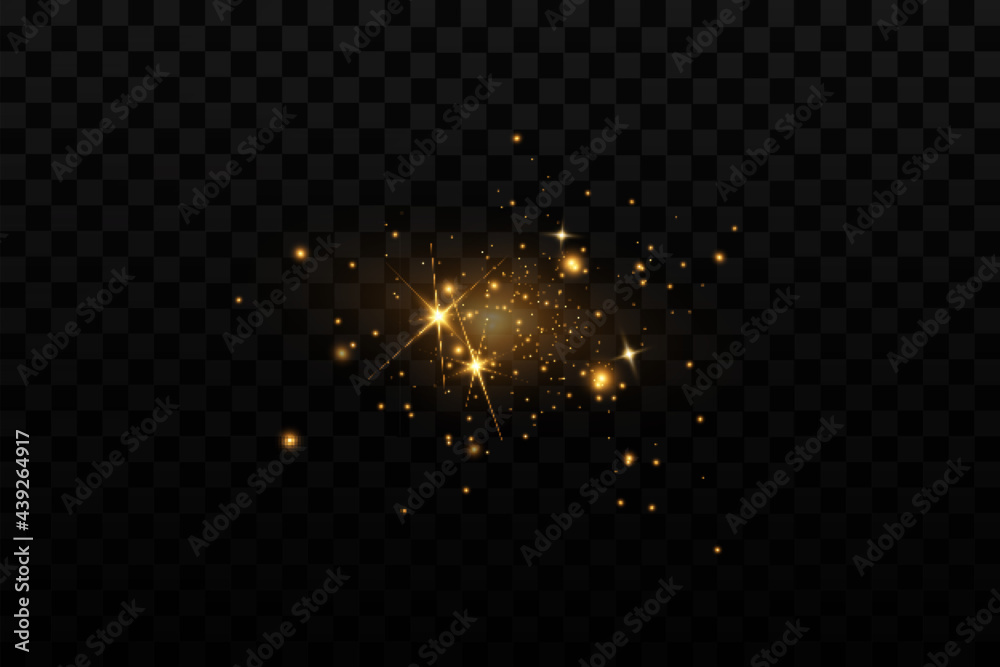 Christmas light effect. Sparkling magical dust particles.The dust sparks and golden stars shine with special light.