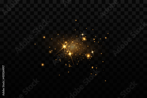 Christmas light effect. Sparkling magical dust particles.The dust sparks and golden stars shine with special light.