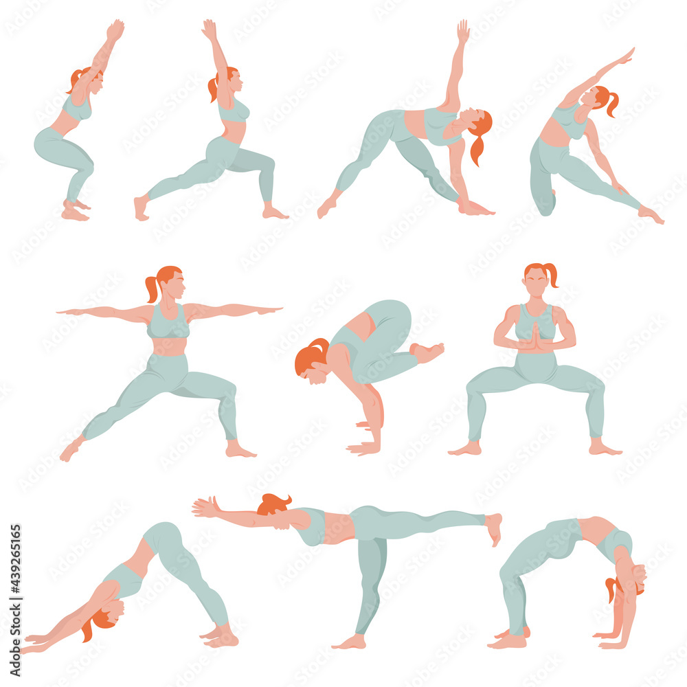 A set of four female figures in different dynamic yoga poses. Home yoga workouts. Correct performance of the asana. Isolated female figures on a white background. 