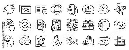 Set of Business icons, such as Washing machine, Surprise boxes, Payment exchange icons. Approved, Vip ticket, Instruction manual signs. University campus, Feedback, Medical tablet. No cash. Vector
