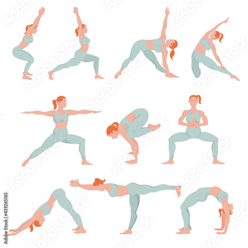 A set of four female figures in different dynamic yoga poses. Home yoga workouts. Correct performance of the asana. Isolated female figures on a white background. 