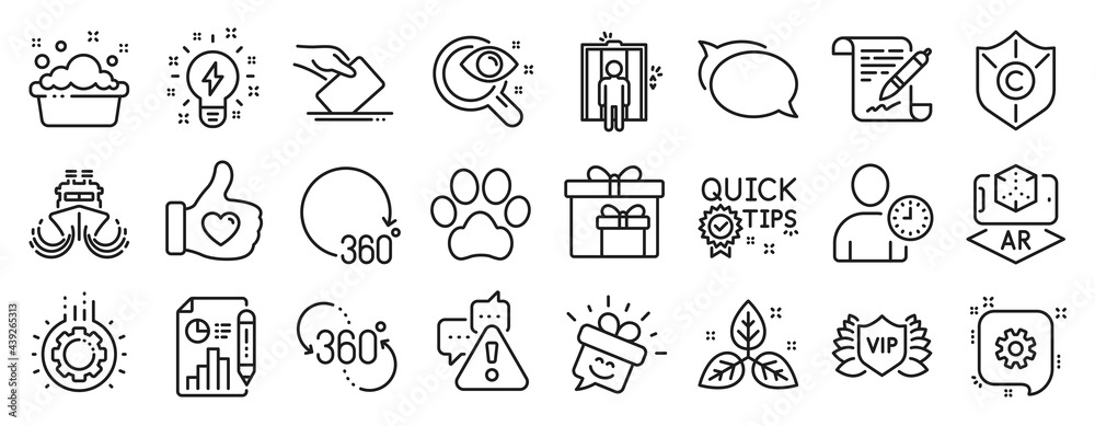 Set of Business icons, such as Report document, Ship, Warning icons. Gear, Cogwheel, Voting ballot signs. Quick tips, 360 degree, 360 degrees. Hand washing, Augmented reality, Like hand. Vector Set of Business icons, such as Report document, Ship, Warning icons. Gear, Cogwheel, Voting ballot signs. Quick tips, 360 degree, 360 degrees. Hand washing, Augmented reality, Like hand. Vector