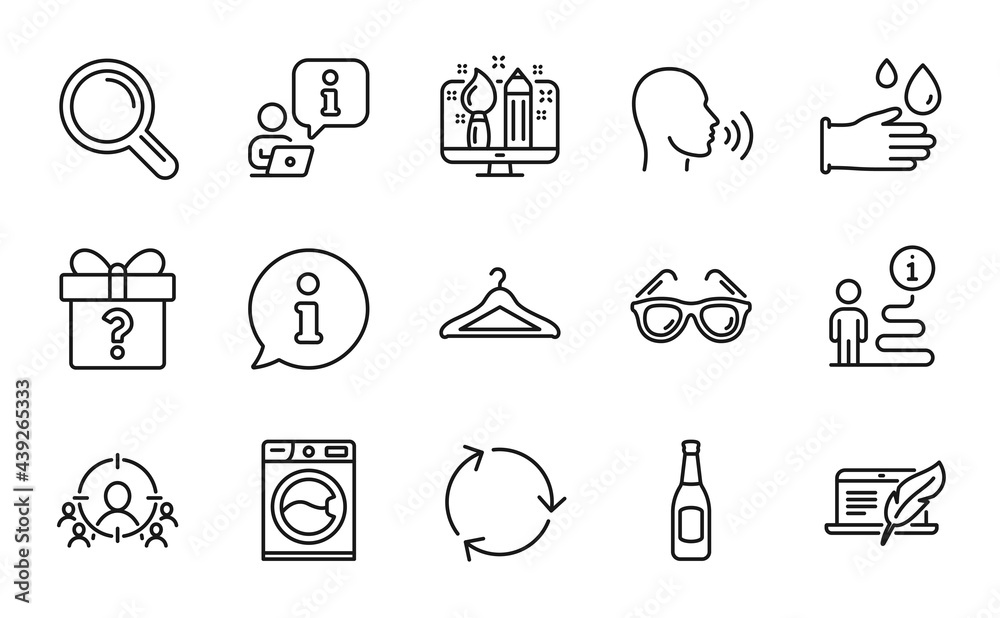 Line icons set. Included icon as Sunglasses, Creative design, Copyright laptop signs. Secret gift, Rubber gloves, Research symbols. Beer, Human sing, Cloakroom. Washing machine, Recycling. Vector Line icons set. Included icon as Sunglasses, Creative design, Copyright laptop signs. Secret gift, Rubber gloves, Research symbols. Beer, Human sing, Cloakroom. Washing machine, Recycling. Vector