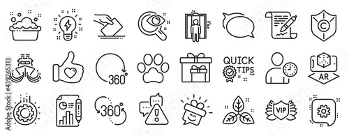 Set of Business icons  such as Report document  Ship  Warning icons. Gear  Cogwheel  Voting ballot signs. Quick tips  360 degree  360 degrees. Hand washing  Augmented reality  Like hand. Vector
