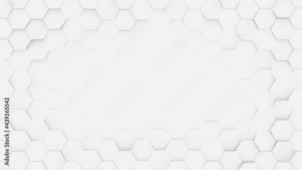 White hexagonal honeycomb background. Seamless loop 3D render animation