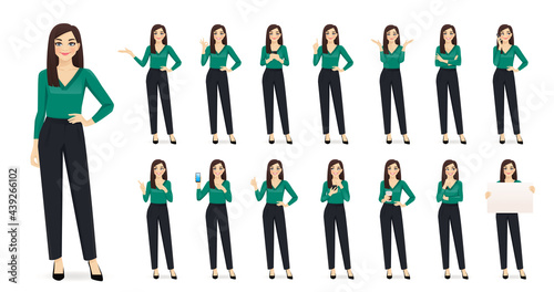 Elegant business woman character in different poses set in jeans isolated vector illustration