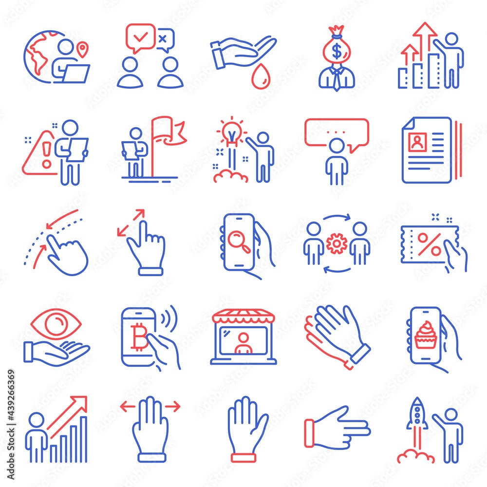 People icons set. Included icon as People voting, Leadership, Creative idea signs. Consulting business, Outsource work, Launch project symbols. Food app, Manager, Touchscreen gesture. Hand. Vector