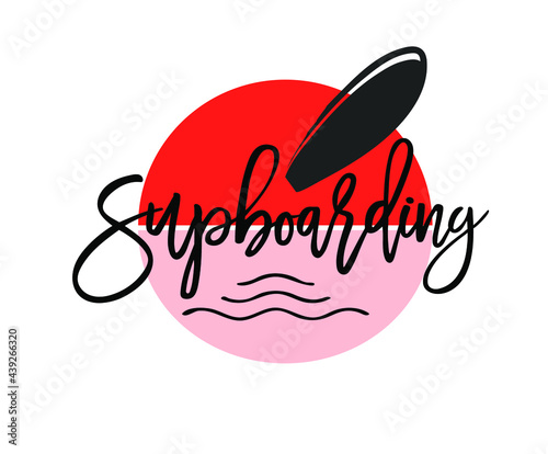 SUP boarding logos. Stand up paddling badges. Vector emblems with SUP boards, sup boarding hand drawn text.