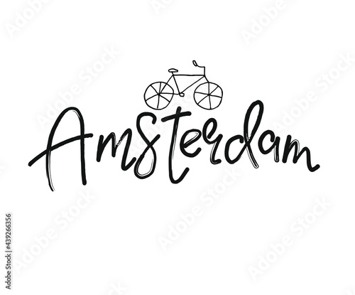 Amsterdam word text of European or Europe city with  bicycle illustration suitable as a logo for a company or touristic promotion