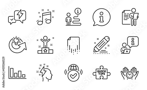Education icons set. Included icon as Safe time, Job interview, Quick tips signs. Winner, Lightning bolt, Share idea symbols. Recovery file, Verified internet, Brand contract. Histogram. Vector