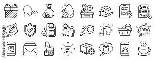 Set of line icons, such as Whistle, Sms, Smartphone statistics icons. Message, Check article, Tea bag signs. Breathing exercise, Report checklist, Add purchase. Mail, Cash, Delivery timer. Vector