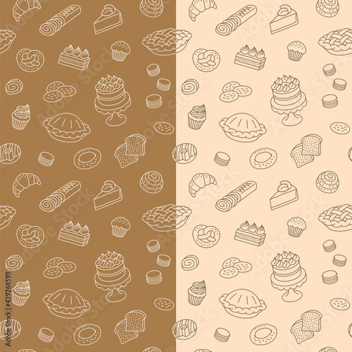 Bakery products hand drawn doodle seamless pattern. Cartoon background with linear icons of pastry items. Random baked goods scattered on background. Cafe menu backdrop, wrapping paper design