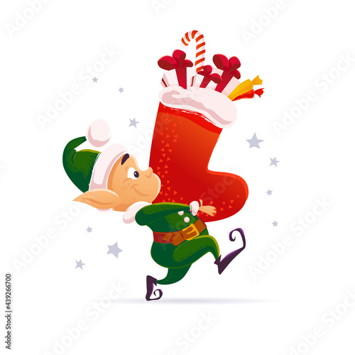 Vector cartoon illustration with funny santa elf character carry big stocking with presents and gift boxes isolated. Flat Christmas illustration. For banners, sales, party decor, cards, packaging etc.