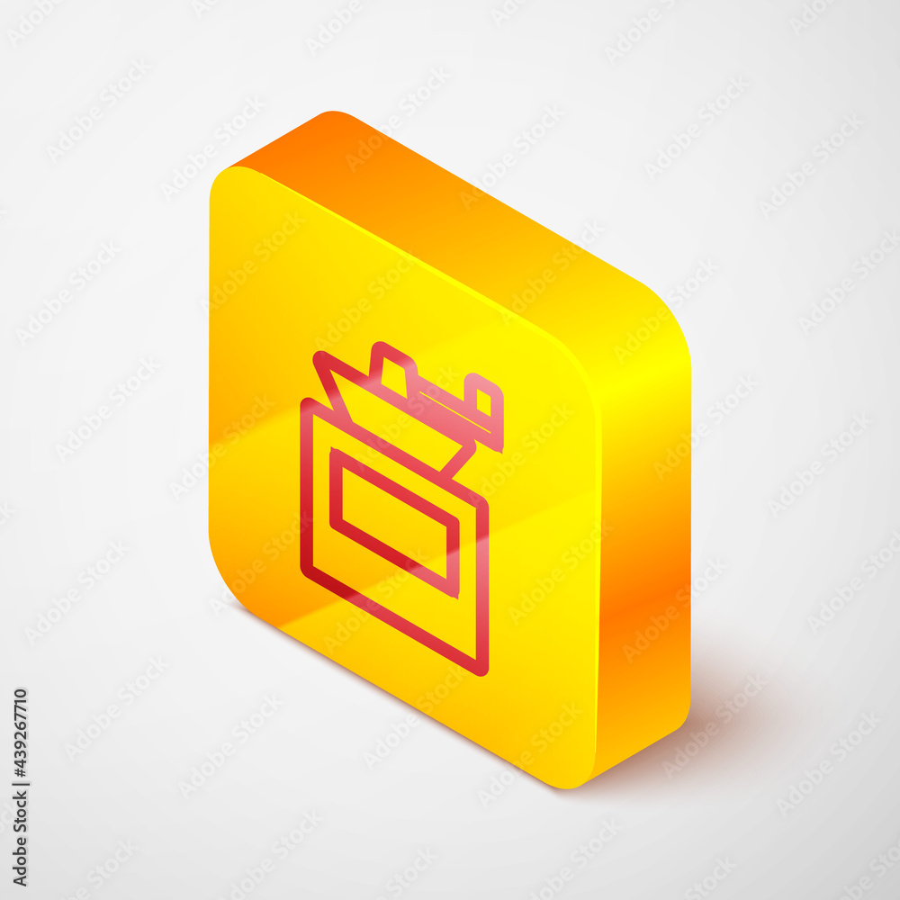 Isometric line Manual coffee grinder icon isolated on grey background. Yellow square button. Vector Isometric line Manual coffee grinder icon isolated on grey background. Yellow square button. Vector