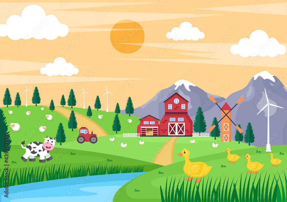 Naklejka premium Cute Cartoon Farm Animals Vector Illustration With Cow, Horse, Chicken, Duck, or Sheep. For Postcard, Background, Wallpaper, and Poster