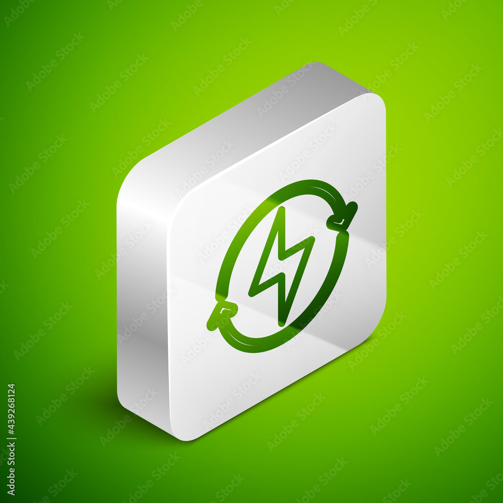 Isometric line Lightning bolt icon isolated on green background. Flash sign. Charge flash icon. Thunder bolt. Lighting strike. Silver square button. Vector Isometric line Lightning bolt icon isolated on green background. Flash sign. Charge flash icon. Thunder bolt. Lighting strike. Silver square button. Vector