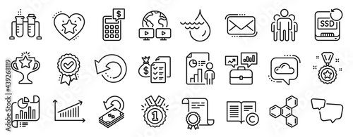 Set of Education icons  such as Cloud communication  Hydroelectricity  Victory icons. Cashback  Approved award  Chart signs. Ranking star  Business report  Messenger mail. Copyright  Group. Vector