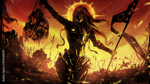 The black silhouette of a sinister female knight in demonic armor, she holds a net with severed heads in one hand and a red flag in the other, behind her an army of darkness in the rays of a fiery sun
