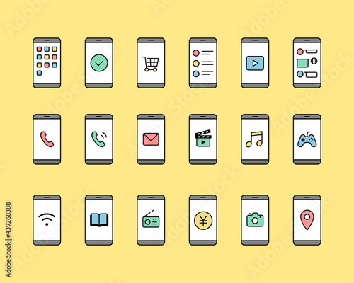 スマホとアプリのアイコンセット　スマートフォン　イラスト　アプリケーション　シンプル　線　モバイル