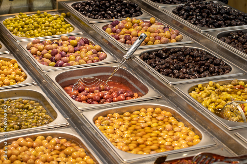 Olive varieties for sale at the counter