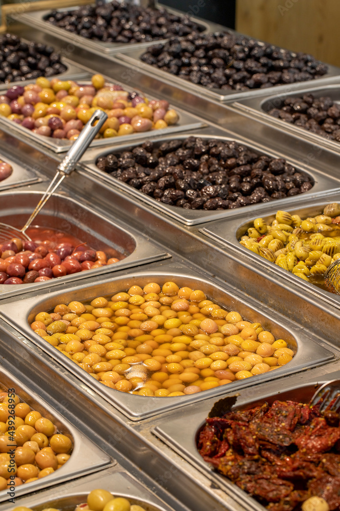 Olive varieties for sale at the counter