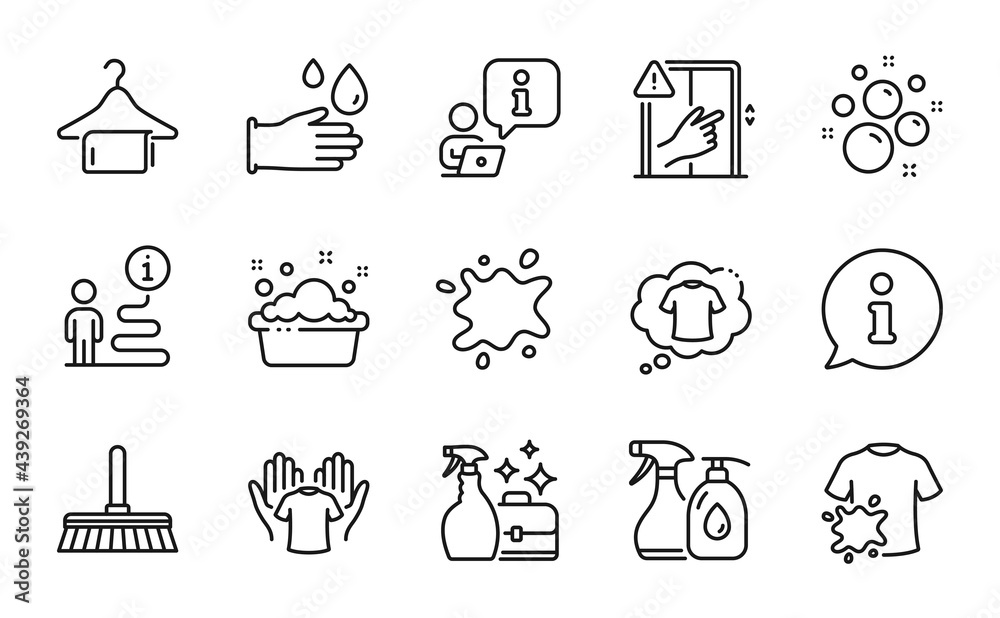 Fototapeta premium Cleaning icons set. Included icon as T-shirt, Clean bubbles, Dirty t-shirt signs. Rubber gloves, Hand washing, Dont touch symbols. Cleanser spray, Cleaning mop, Cleaning liquids. Vector