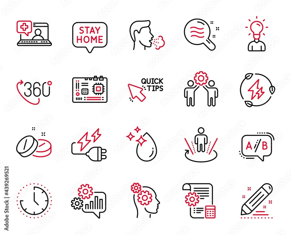 Vector Set of Science icons related to Brand contract, Stay home and Cough icons. Employees teamwork, Medical help and Ab testing signs. Settings blueprint, Electricity plug and 360 degree. Vector