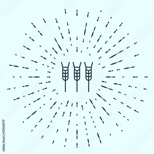 Black line Cereals set with rice, wheat, corn, oats, rye, barley icon isolated on grey background. Ears of wheat bread symbols. Abstract circle random dots. Vector