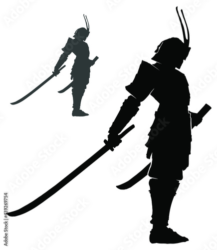 A black silhouette of a samurai with a curved sword, he stands at attention ready for a duel, he is in full ammunition with a helmet and armor . 2d illustration