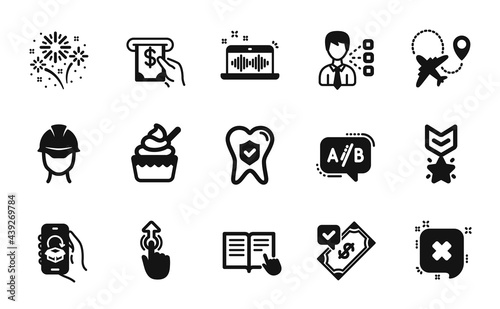 Vector set of Winner medal, Third party and Atm service icons simple set. Music making, Accepted payment and Airplane icons. Ab testing, Ice cream and Read instruction signs. Vector