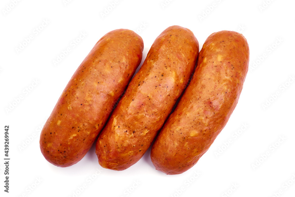 Smoked sausages, isolated on white background. High resolution image. Smoked sausages, isolated on white background. High resolution image.