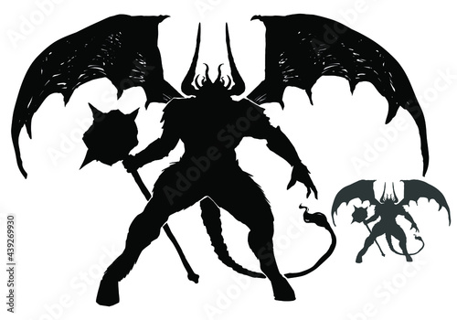 Black silhouette of a massive demon with huge clawed wings, bulging muscles, and a kistr-ckstr, he holds a huge spiked hammer in his hand. 2d illustration